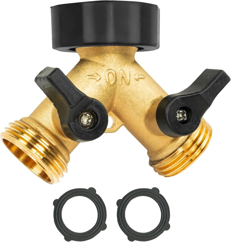 LIULO TOOL Brass Garden Hose Splitter 2 Way, Hose Y Splitter 3/4 Inch Heavy Duty Brass Hose Connector Tap Splitter, Hose Spigot Adapter 2 Valves with Rubber Washers (1 Pack) - Image 1